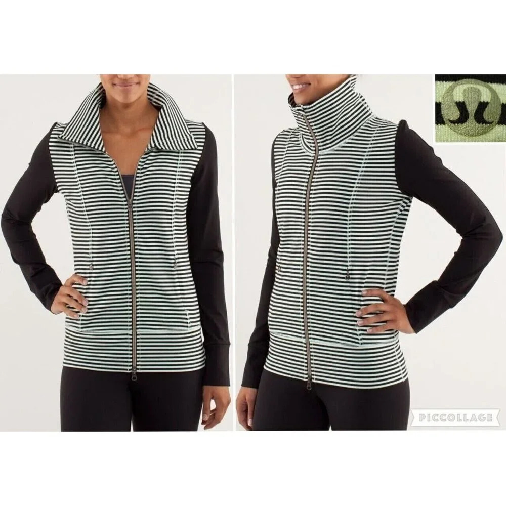 Lululemon Daily Yoga Jacket Mint Black Stripe Size 2 High Neck Full Double Zip - Picture 2 of 8